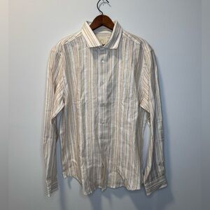 Stitch Note Tan and Cream Striped European Linen Men's Button Down Shirt